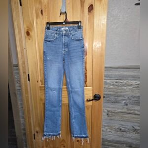 WE THE FREE  Distressed Denim Frayed Ankle Button Fly Jeans..no Size Tag